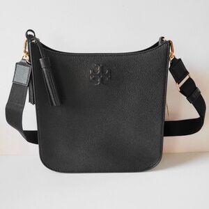 Tory Burch Thea Web Pebble Leather Lg Black Shoulder Bag - Like New